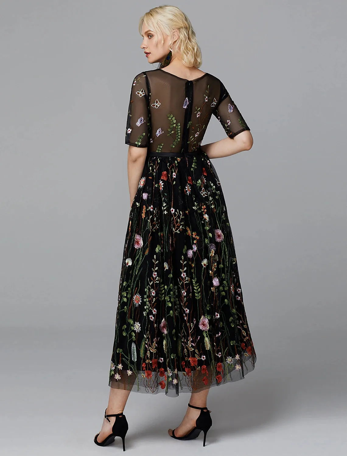 A-Line Floral Dress Holiday Wedding Guest Tea Length Half Sleeve Illusion Neck Lace with Embroidery Appliques