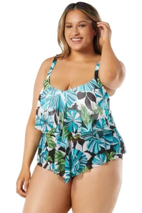 Beach House Swim Deco Garden Plus Size Portia Mesh Layer Tankini, Black Multi (HW06068)