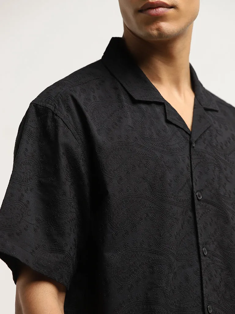 ETA Black Paisley Embroidered Relaxed-Fit Cotton Shirt