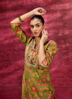 Meher Olive Printed Cotton Silk Kurta