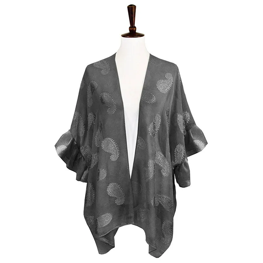 Paisley Patterned Ruffle Sleeves Cover Up Kimono Poncho