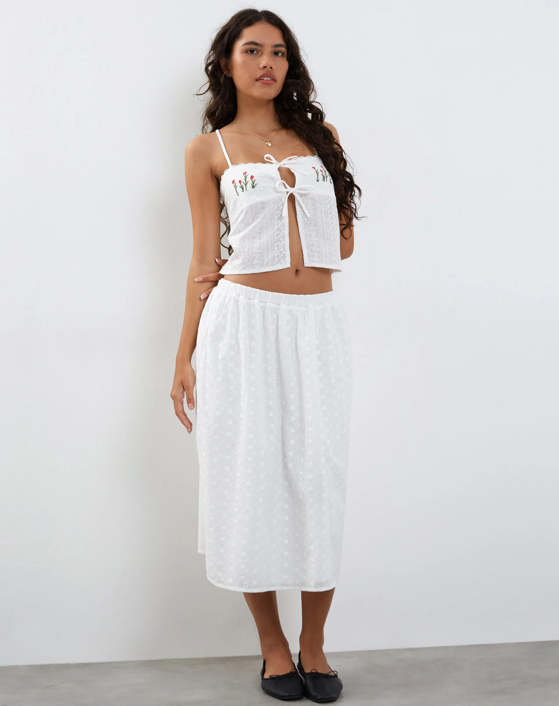 Ramika Tie Front Embroidered Cami Top in White Broderie