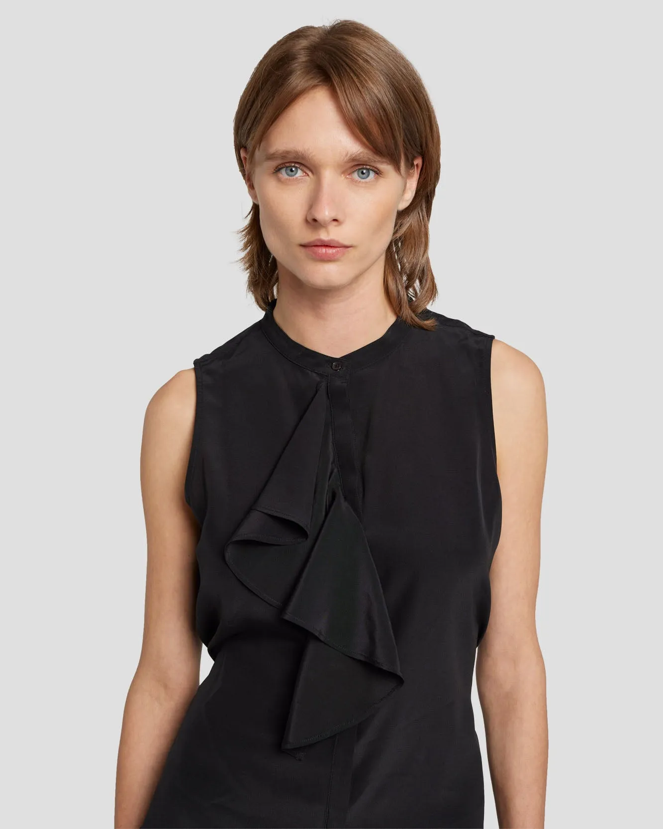 Silk Sleeveless Ruffle Blouse in Black