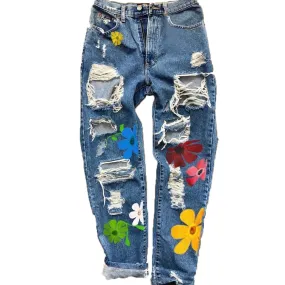 Women Floral Print Ripped Jeans